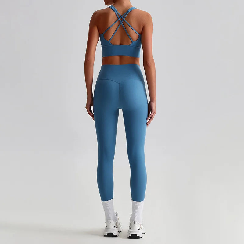 Naked Feel Yoga Set Women Fitness Sportswear 2 Piece Strappy Sports Bra High Waist Gym Leggings Workout Outfit Active Wear