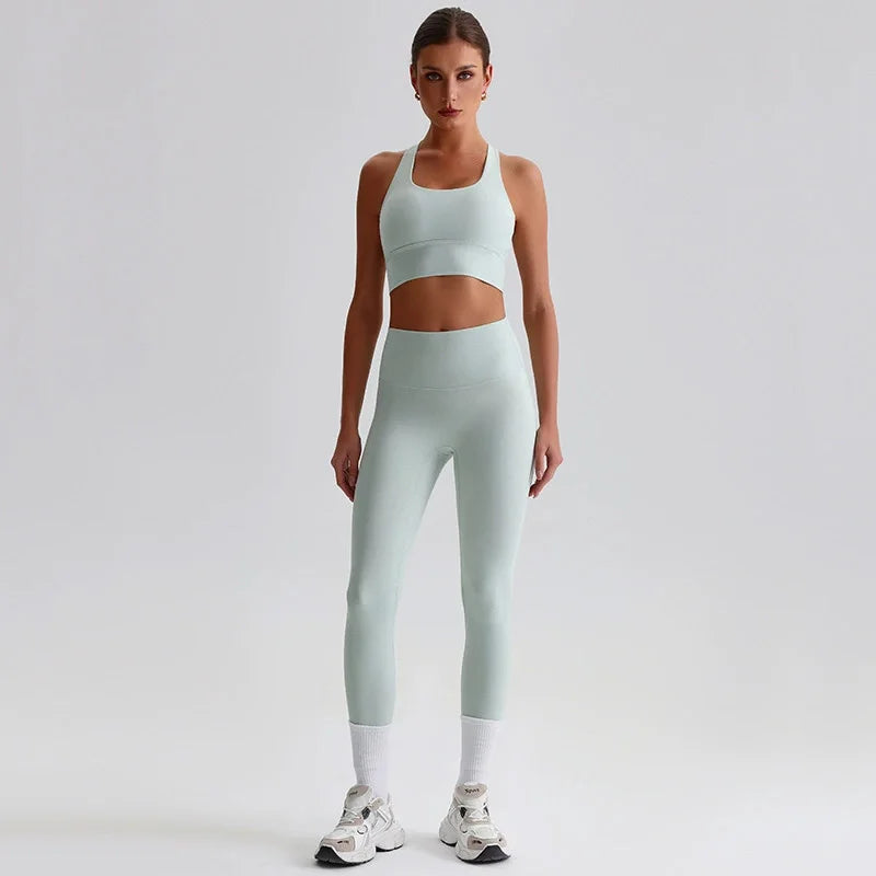Naked Feel Yoga Set Women Fitness Sportswear 2 Piece Strappy Sports Bra High Waist Gym Leggings Workout Outfit Active Wear