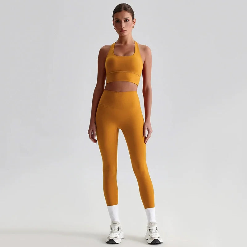 Naked Feel Yoga Set Women Fitness Sportswear 2 Piece Strappy Sports Bra High Waist Gym Leggings Workout Outfit Active Wear