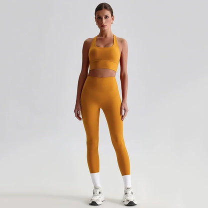 Naked Feel Yoga Set Women Fitness Sportswear 2 Piece Strappy Sports Bra High Waist Gym Leggings Workout Outfit Active Wear