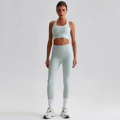 Naked Feel Yoga Set Women Fitness Sportswear 2 Piece Strappy Sports Bra High Waist Gym Leggings Workout Outfit Active Wear