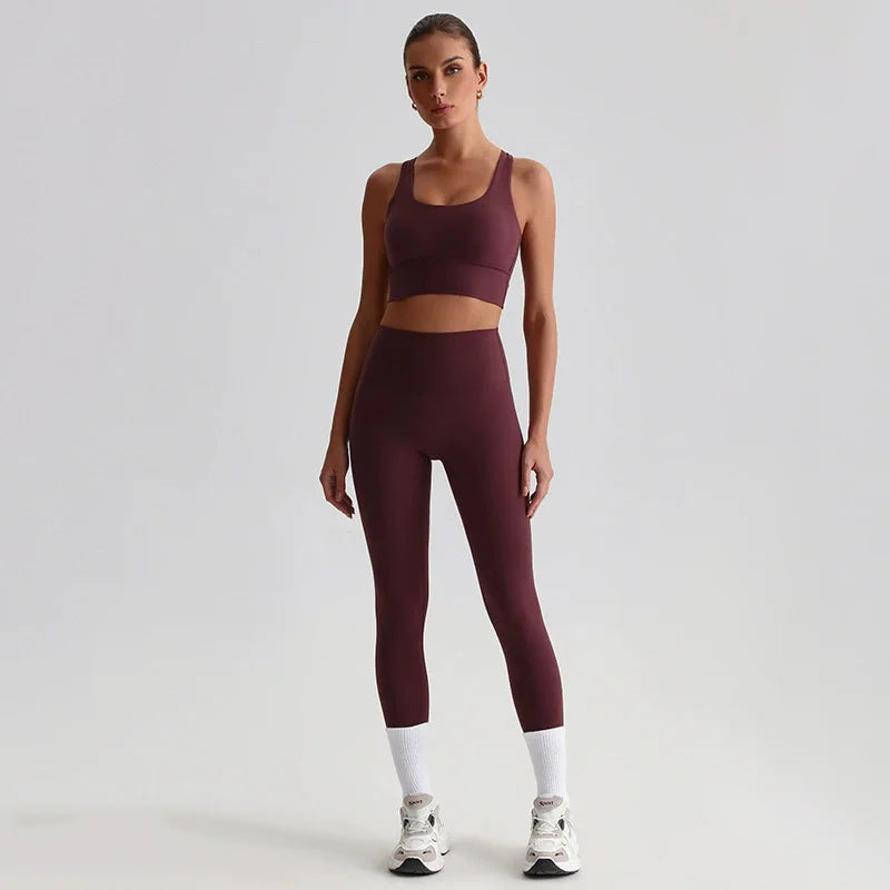 Naked Feel Yoga Set Women Fitness Sportswear 2 Piece Strappy Sports Bra High Waist Gym Leggings Workout Outfit Active Wear