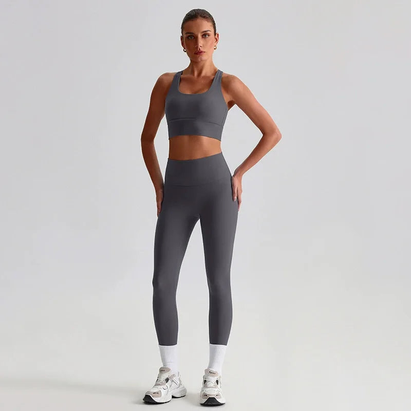 Naked Feel Yoga Set Women Fitness Sportswear 2 Piece Strappy Sports Bra High Waist Gym Leggings Workout Outfit Active Wear