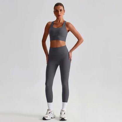 Naked Feel Yoga Set Women Fitness Sportswear 2 Piece Strappy Sports Bra High Waist Gym Leggings Workout Outfit Active Wear
