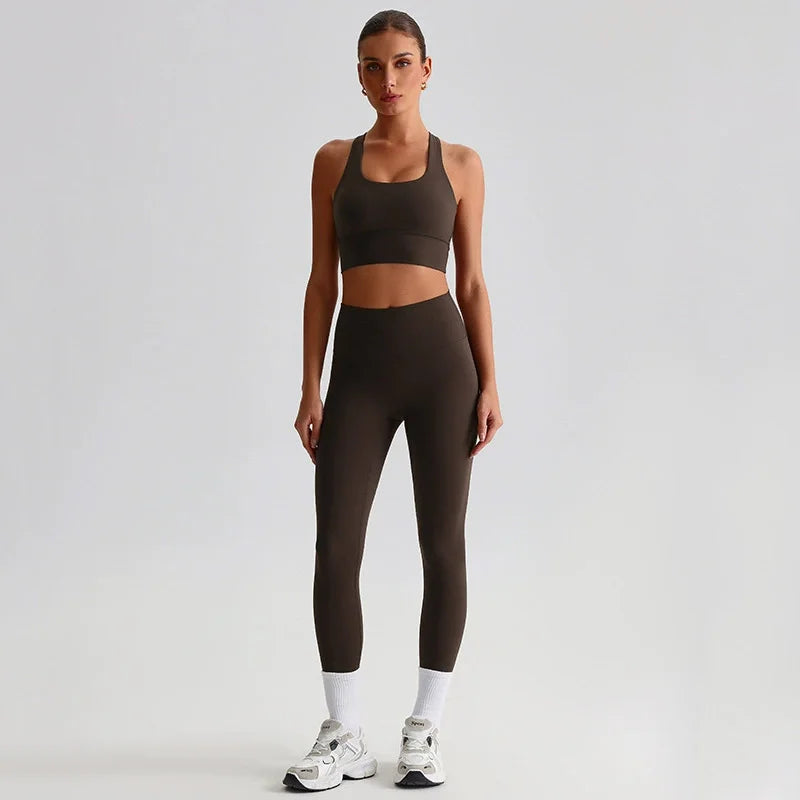Naked Feel Yoga Set Women Fitness Sportswear 2 Piece Strappy Sports Bra High Waist Gym Leggings Workout Outfit Active Wear