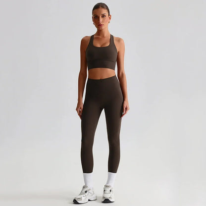 Naked Feel Yoga Set Women Fitness Sportswear 2 Piece Strappy Sports Bra High Waist Gym Leggings Workout Outfit Active Wear