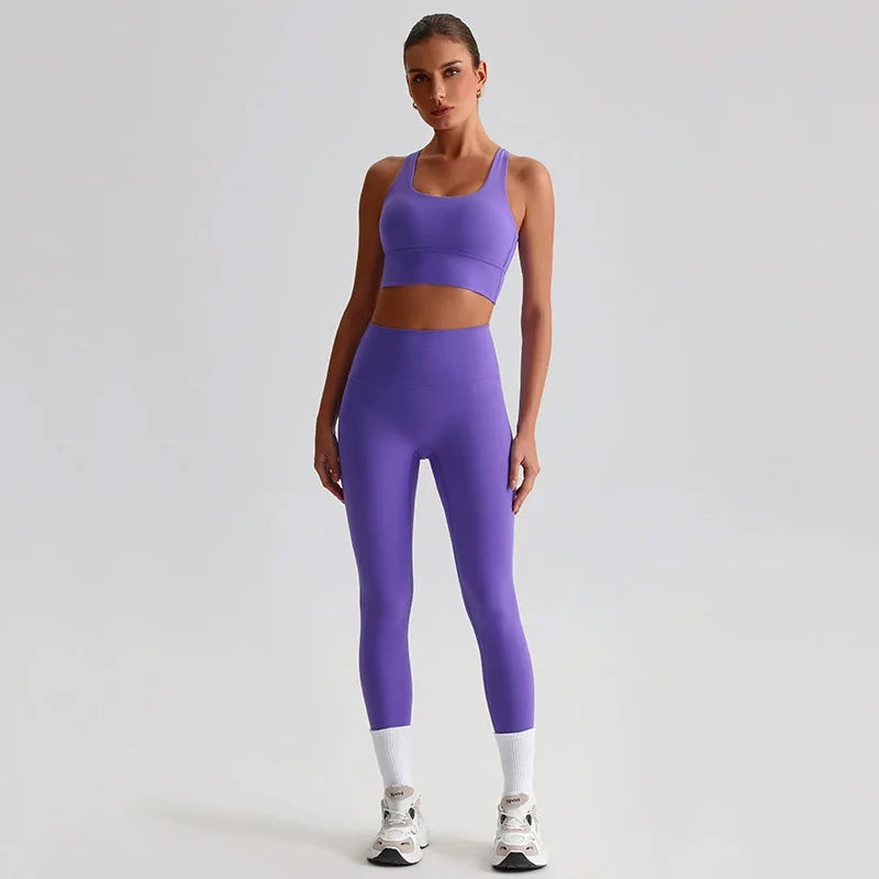 Naked Feel Yoga Set Women Fitness Sportswear 2 Piece Strappy Sports Bra High Waist Gym Leggings Workout Outfit Active Wear