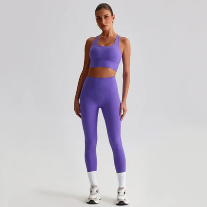 Naked Feel Yoga Set Women Fitness Sportswear 2 Piece Strappy Sports Bra High Waist Gym Leggings Workout Outfit Active Wear