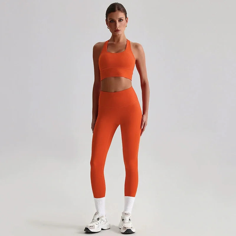 Naked Feel Yoga Set Women Fitness Sportswear 2 Piece Strappy Sports Bra High Waist Gym Leggings Workout Outfit Active Wear