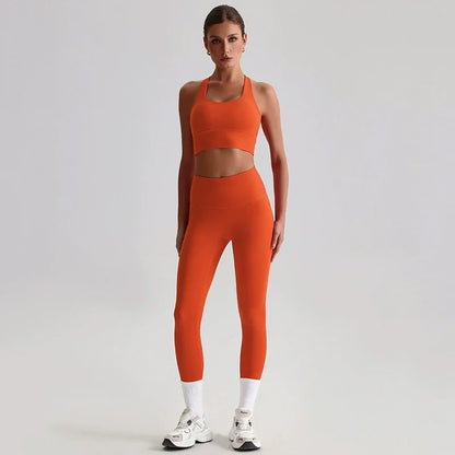 Naked Feel Yoga Set Women Fitness Sportswear 2 Piece Strappy Sports Bra High Waist Gym Leggings Workout Outfit Active Wear