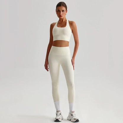 Naked Feel Yoga Set Women Fitness Sportswear 2 Piece Strappy Sports Bra High Waist Gym Leggings Workout Outfit Active Wear