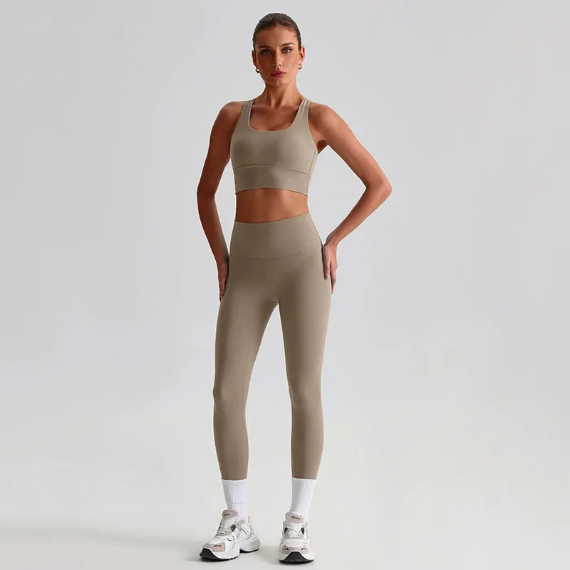 Naked Feel Yoga Set Women Fitness Sportswear 2 Piece Strappy Sports Bra High Waist Gym Leggings Workout Outfit Active Wear