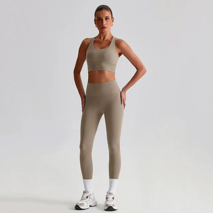 Naked Feel Yoga Set Women Fitness Sportswear 2 Piece Strappy Sports Bra High Waist Gym Leggings Workout Outfit Active Wear