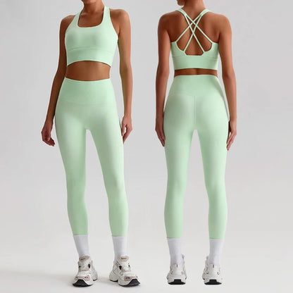 Naked Feel Yoga Set Women Fitness Sportswear 2 Piece Strappy Sports Bra High Waist Gym Leggings Workout Outfit Active Wear