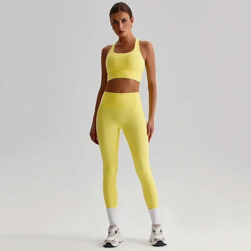 Naked Feel Yoga Set Women Fitness Sportswear 2 Piece Strappy Sports Bra High Waist Gym Leggings Workout Outfit Active Wear