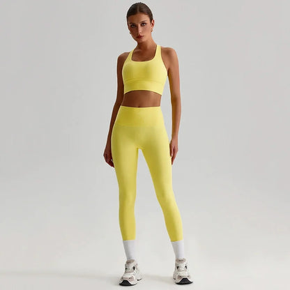 Naked Feel Yoga Set Women Fitness Sportswear 2 Piece Strappy Sports Bra High Waist Gym Leggings Workout Outfit Active Wear